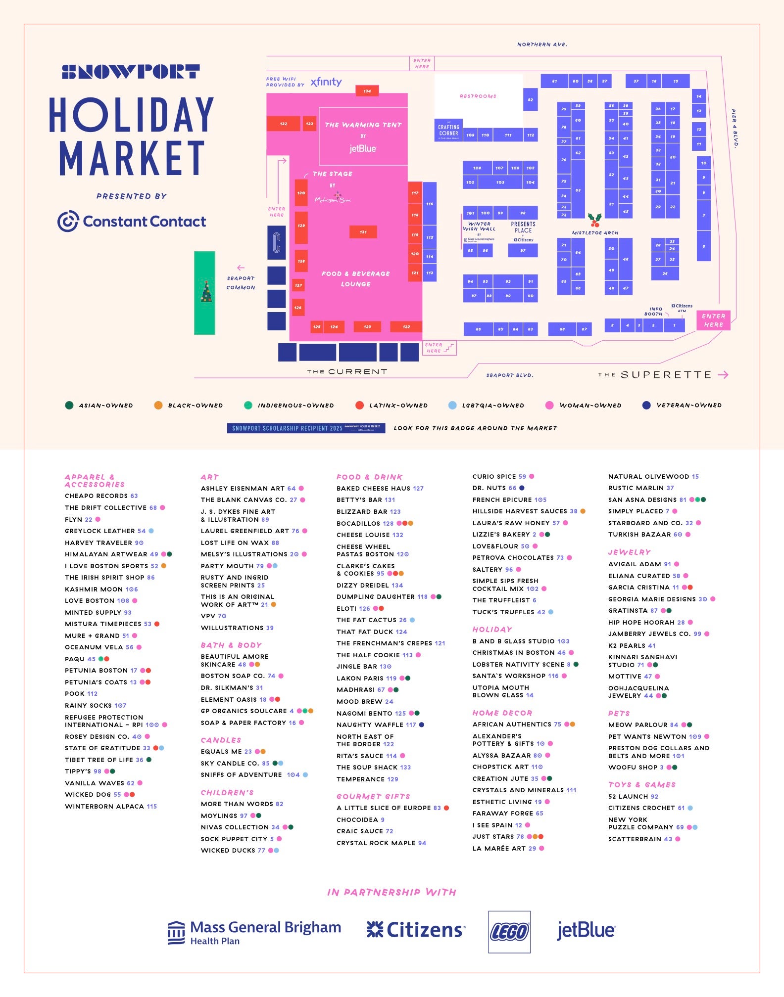 The 2025 Snowport Holiday Market map and vendor list.