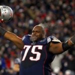 Vince Wilfork #75 of the New England Patriots celebrates after defeating the Baltimore Ravens in the AFC Championship Game at Gillette Stadium on January 22, 2012 in Foxboro, Massachusetts. The New England Patriots defeated the Baltimore Ravens 20-23.