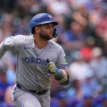 Toronto Blue Jays shortstop Bo Bichette (11) in the second inning of a baseball game Wednesday, Aug. 6, 2025, in Denver.