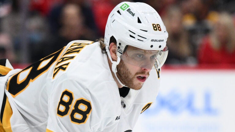 Boston Bruins right wing David Pastrnak (88) in action during the first period of an NHL hockey game against the Washington Capitals, Wednesday, October 8, 2025, in Washington.