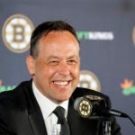 Boston Bruins new head coach Marco Sturm smiles as he speaks during an NHL hockey news conference, Tuesday, June 10, 2025, in Boston.