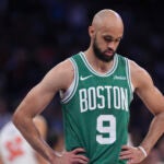 Boston Celtics' Derrick White reacts during the first half of Game 6 in the Eastern Conference semifinals of the NBA basketball playoffs against the New York Knicks Friday, May 16, 2025, in New York.