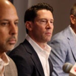 Red Sox Manager Alex Cora, Chief Baseball Officer Craig Breslow, and President & CEO Sam Kennedy take a question during the Red Sox end-of-season press conference with team leadership at Fenway Park in Boston, Massachusetts October 6, 2025.