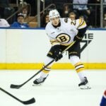 NEW YORK, NEW YORK - SEPTEMBER 23: Fabian Lysell #23 of the Boston Bruins skates during the first period of a preseason game against the New York Rangers at Madison Square Garden on September 23, 2025 in New York City.