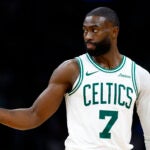 Boston Celtics guard Jaylen Brown (7) gestures to the bench during the third quarter at TD Garden on Oct. 29, 2025.