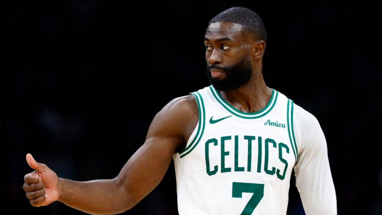 Boston Celtics guard Jaylen Brown (7) gestures to the bench during the third quarter at TD Garden on Oct. 29, 2025.