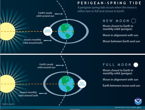 This graphic from the NOAA shows how perigean spring tides happen.