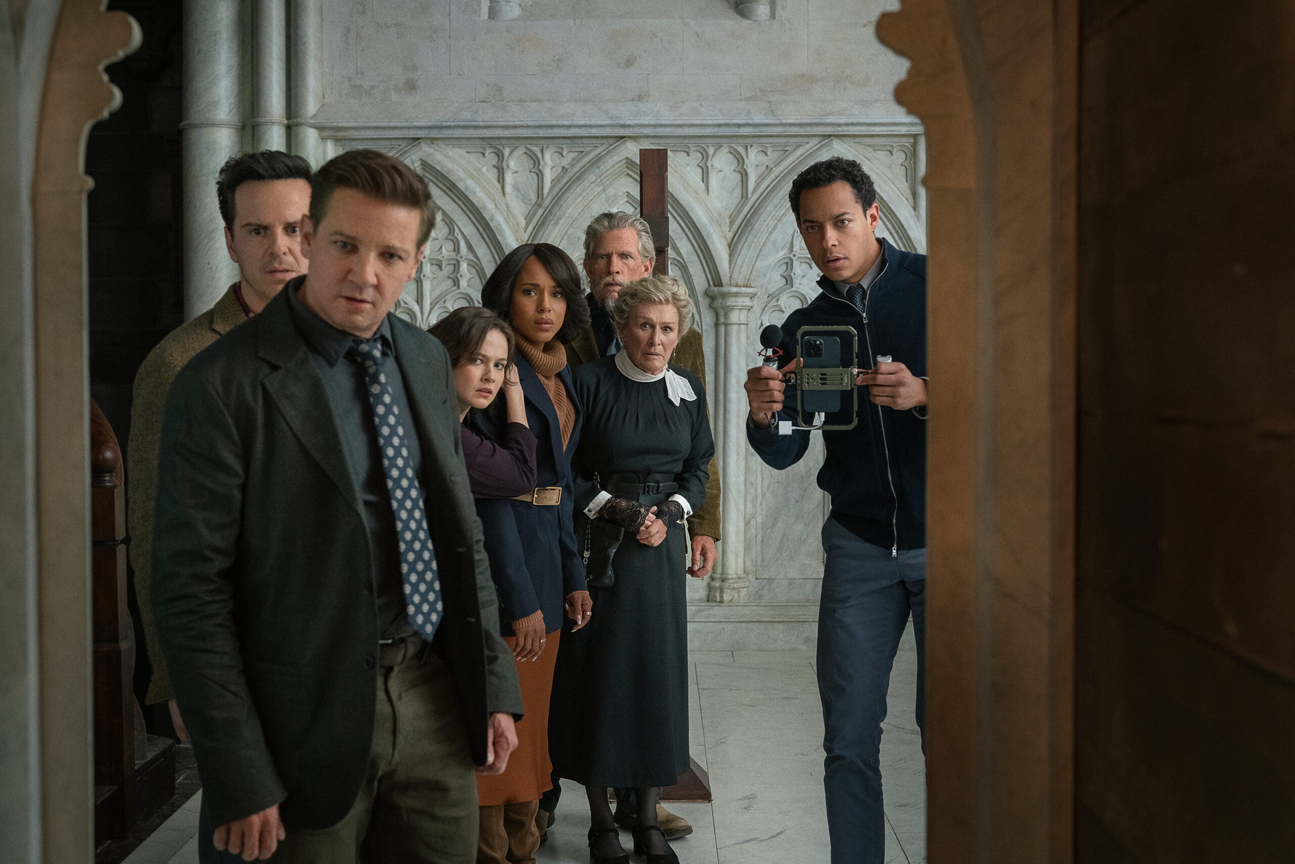 Andrew Scott, Jeremy Renner, Cailee Spaeny, Kerry Washington, Thomas Haden Church, Glenn Close and Daryl McCormack in "Wake Up Dead Man: A Knives Out Mystery."