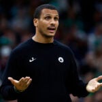 Boston Celtics head coach Joe Mazzulla gestures during a timeout in the second quarter at TD Garden on Oct. 29, 2025.