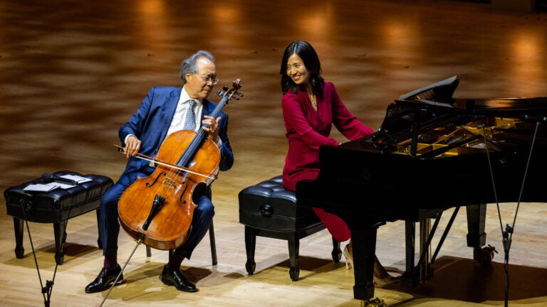 Yo-Yo Ma and Mayor Michelle Wu perform together during a Celebrity Series event in November 2025.